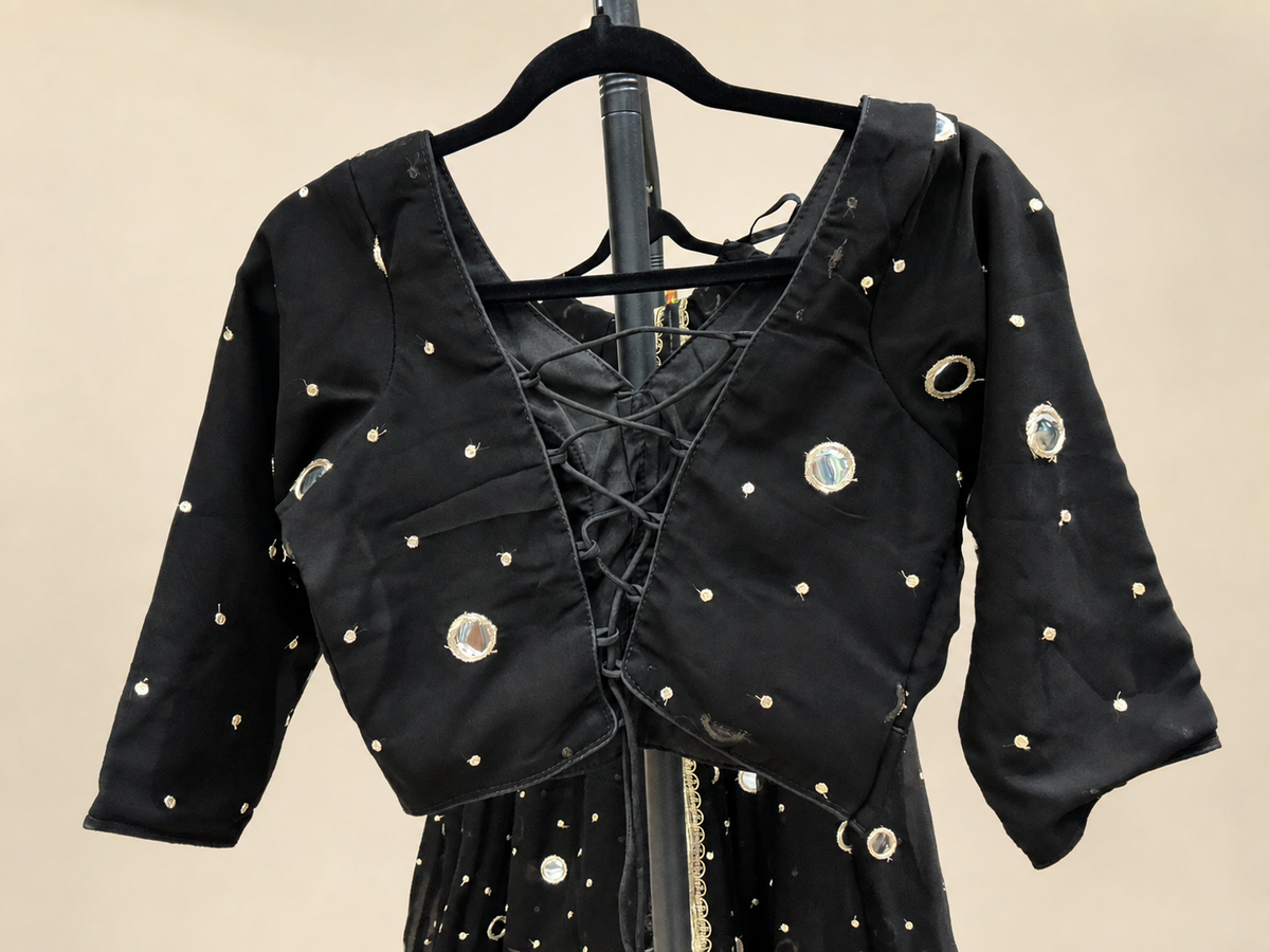 Black Mirror Dupatta Garba Set Long Sleeve Blouse Back Criss Cross