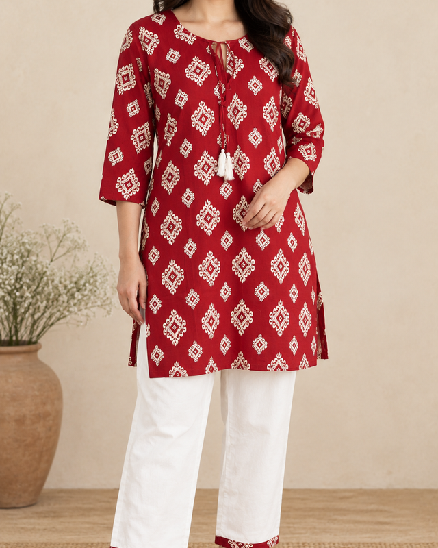 Bandhani Diamond Print Kurta Palazzo Set in Red