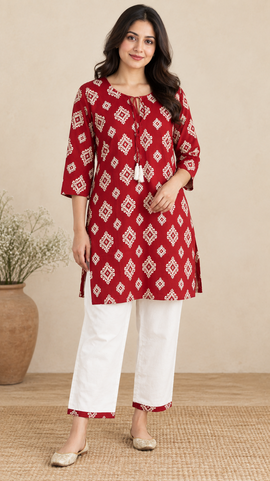 Bandhani Diamond Print Kurta Palazzo Set in Red