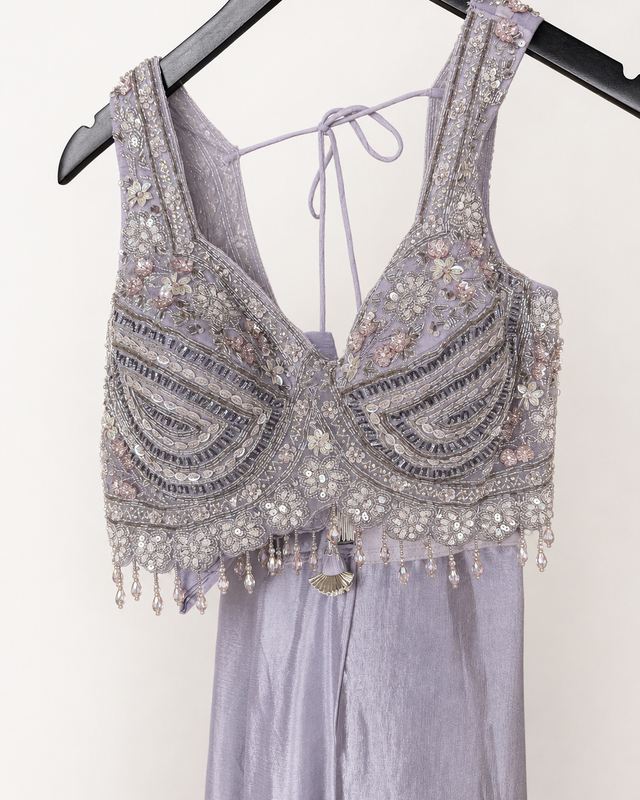 Heavy Lavender Crop Top with Soft Pre-Stiched Saree