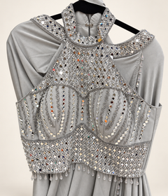Halter Top Grey Sequence mirror work Pre-Stiched stitched Saree Soft and Stretchy Material