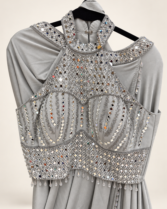 Halter Top Grey Sequence mirror work Pre-Stiched stitched Saree Soft and Stretchy Material
