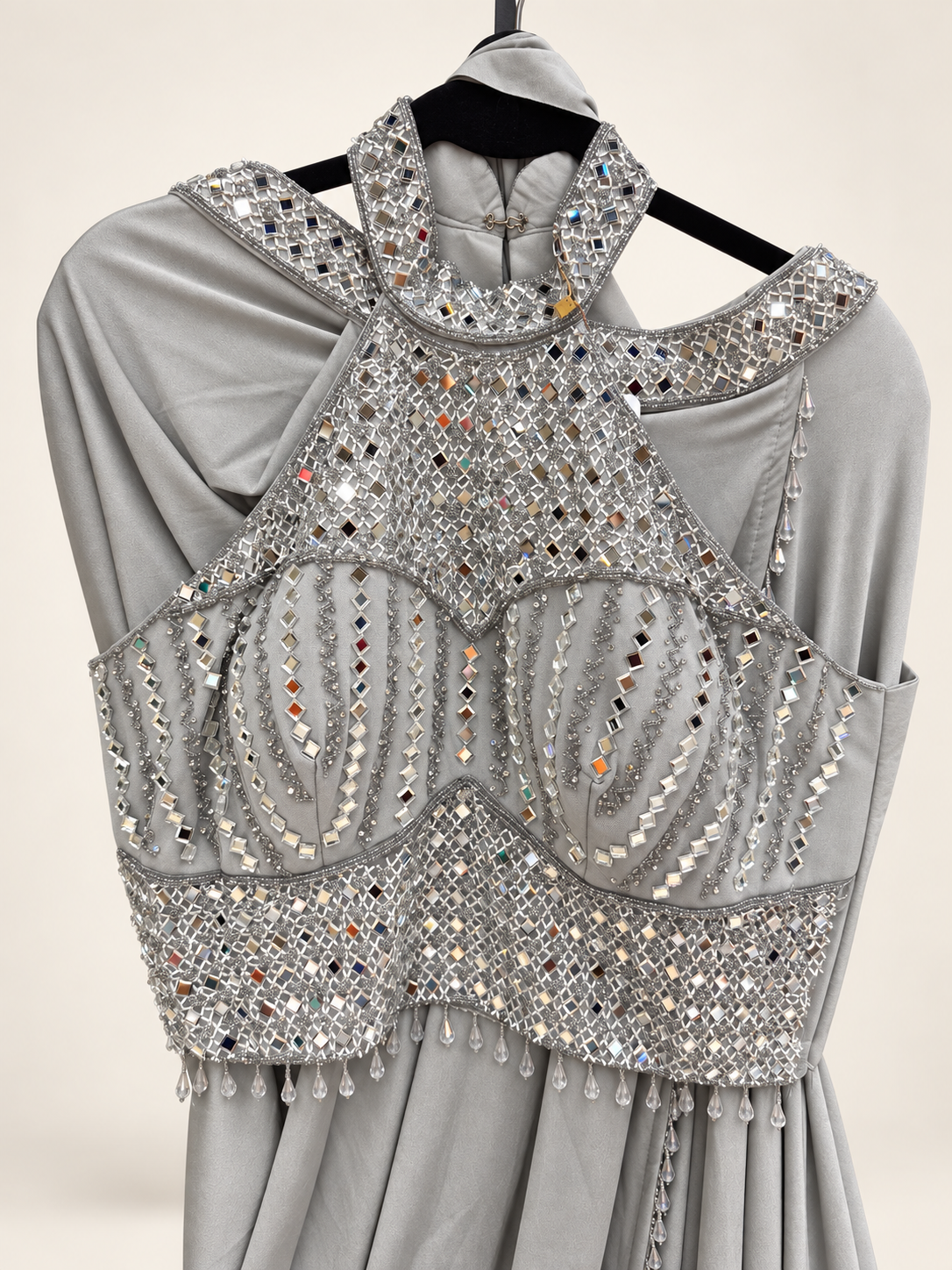 Halter Top Grey Sequence mirror work Pre-Stiched stitched Saree Soft and Stretchy Material