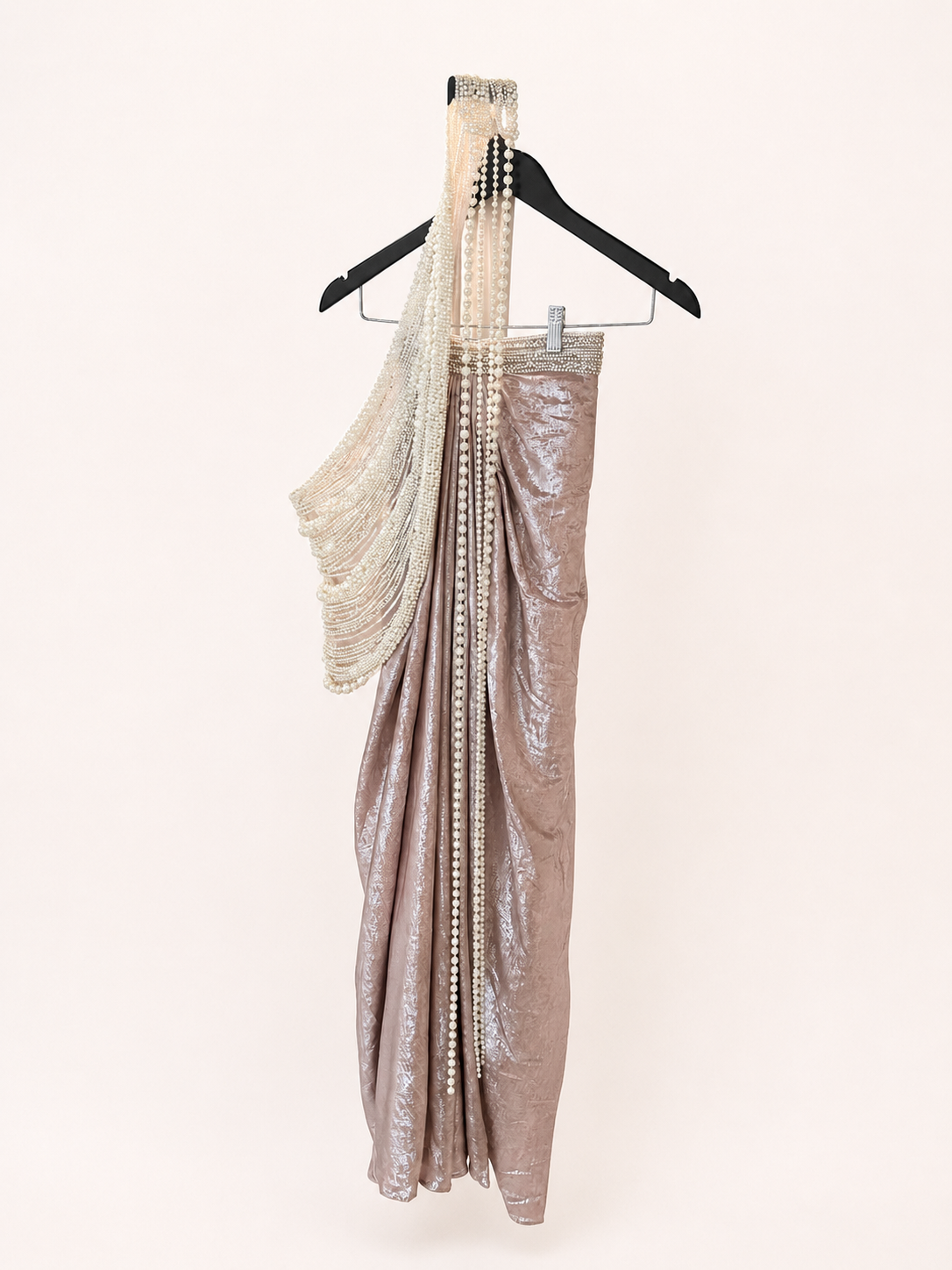Blush Pearl Draped Saree Set with Pearl Dupatta attached