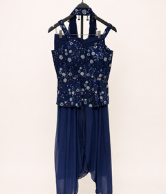 Dark Blue  Sequence Strap Peplum Top With Choker Dupatta Gown Dress