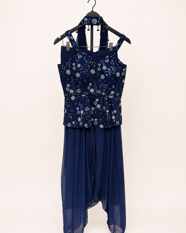 Dark Blue  Sequence Strap Peplum Top With Choker Dupatta Gown Dress