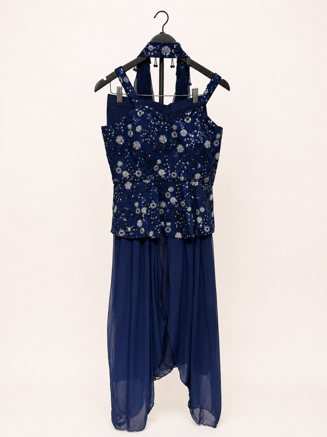 Dark Blue  Sequence Strap Peplum Top With Choker Dupatta Gown Dress