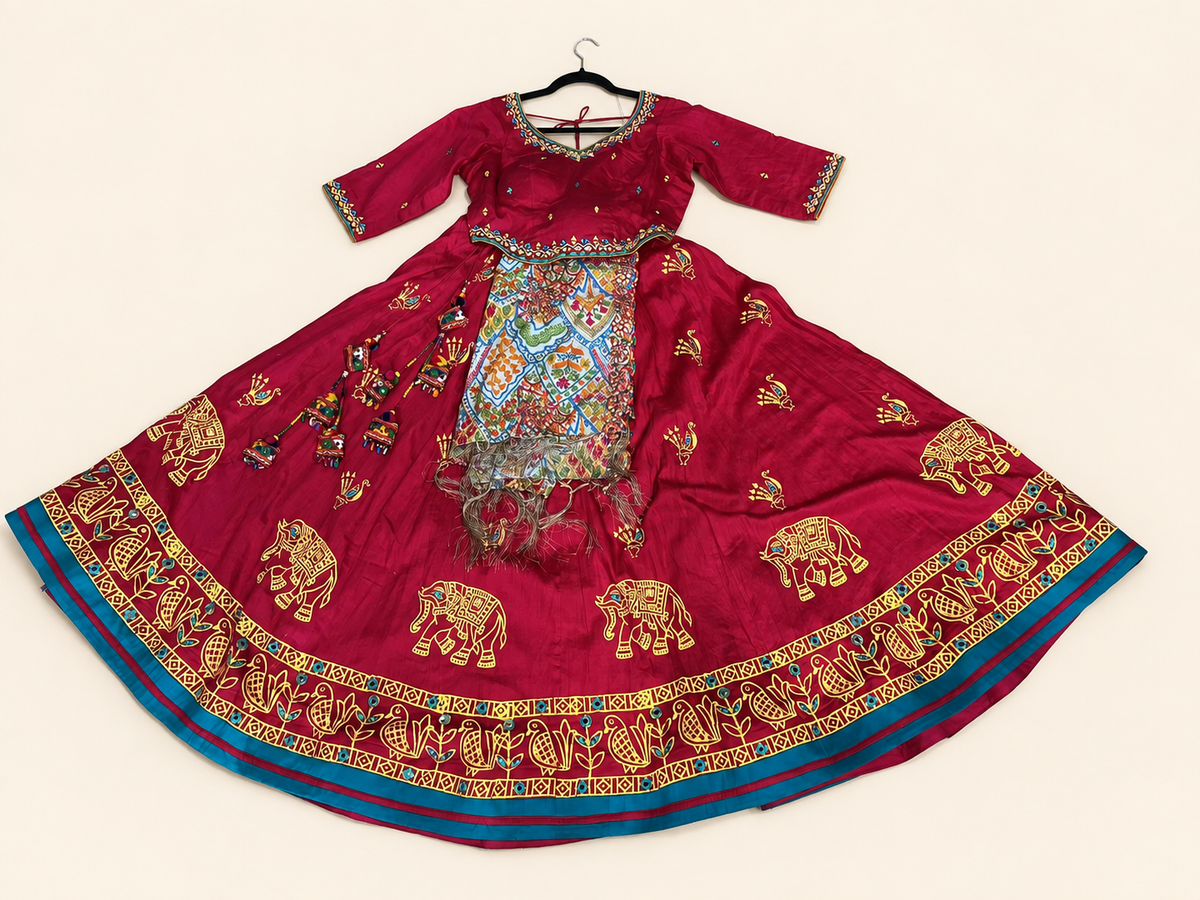 Bright Red Traditional Garba Lehenga Set