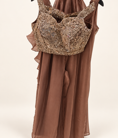 Dark Brown Sheer Crop Top Gold Embroidered Choker Dupatta Ruffle