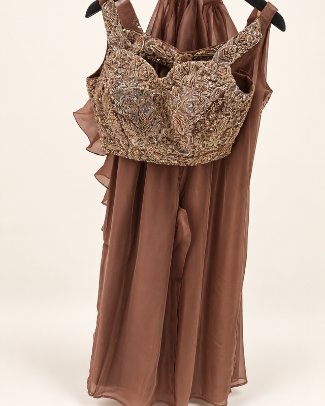 Dark Brown Sheer Crop Top Gold Embroidered Choker Dupatta Ruffle