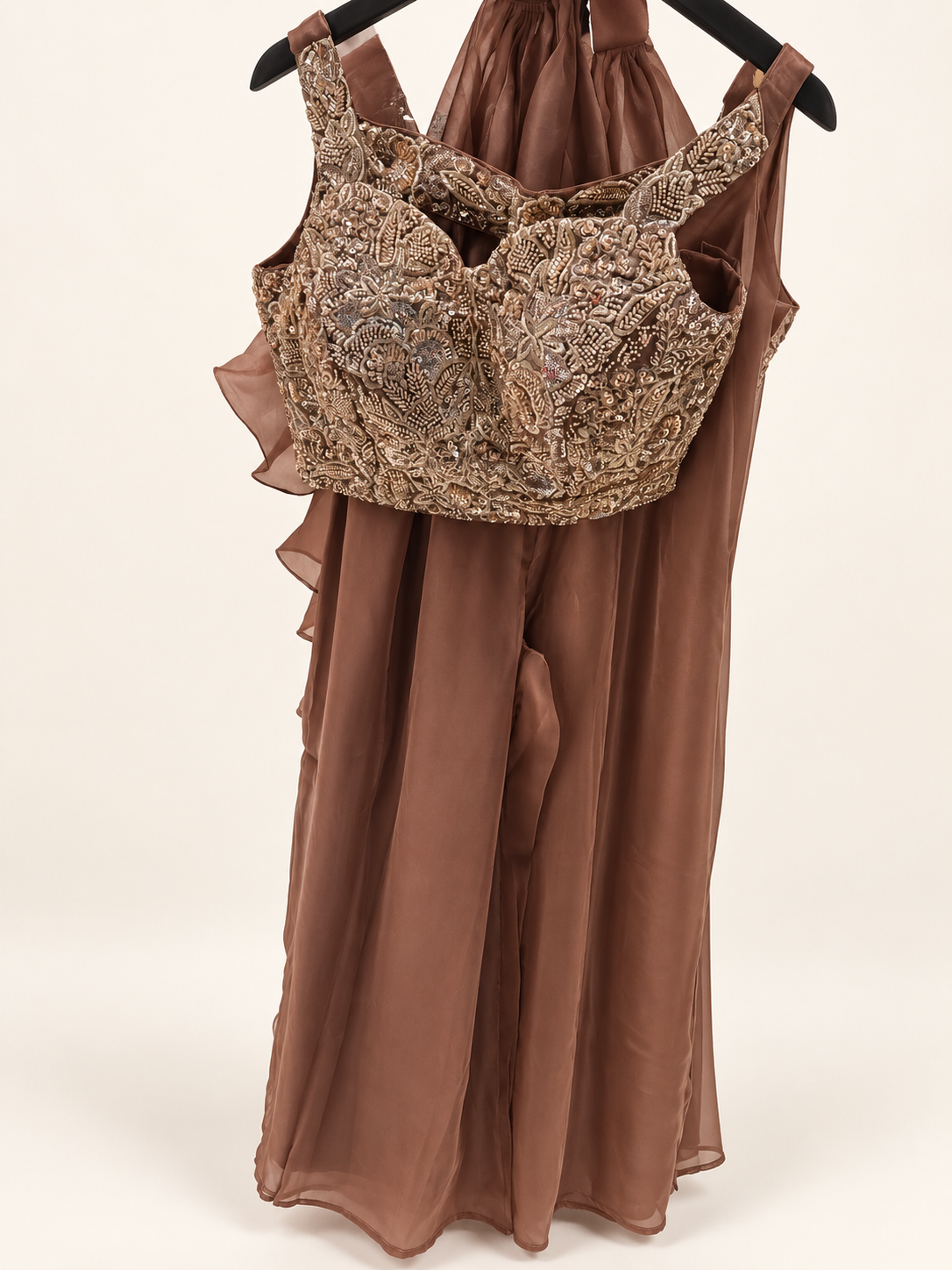 Dark Brown Sheer Crop Top Gold Embroidered Choker Dupatta Ruffle