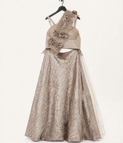 Copper Tan Metallic Floral Dupatta Attached to Skirt