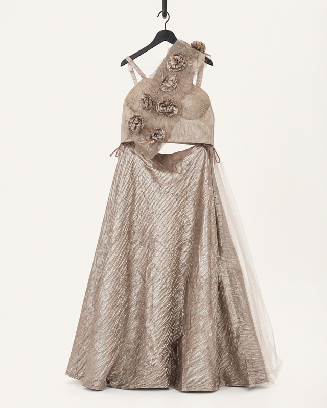 Copper Tan Metallic Floral Dupatta Attached to Skirt