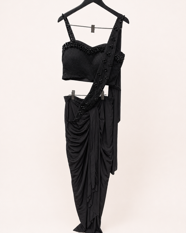 Black Stone Floral Pre-Stiched Saree