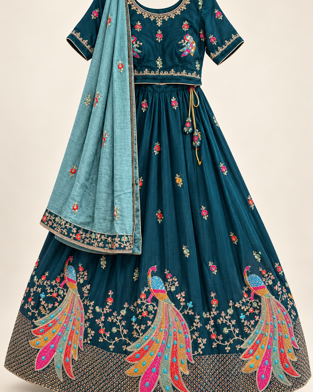 Royal Blue Peacock Sequence with Light Blue Dupatta Lehenga Set