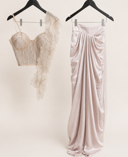 Champagne Rose Gold Wire Crop Top with Flower Dupatta Pre-Stiched- Saree