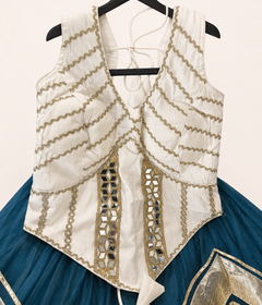 White and Blue Cross Cut Choli Design with Sleeveless Top