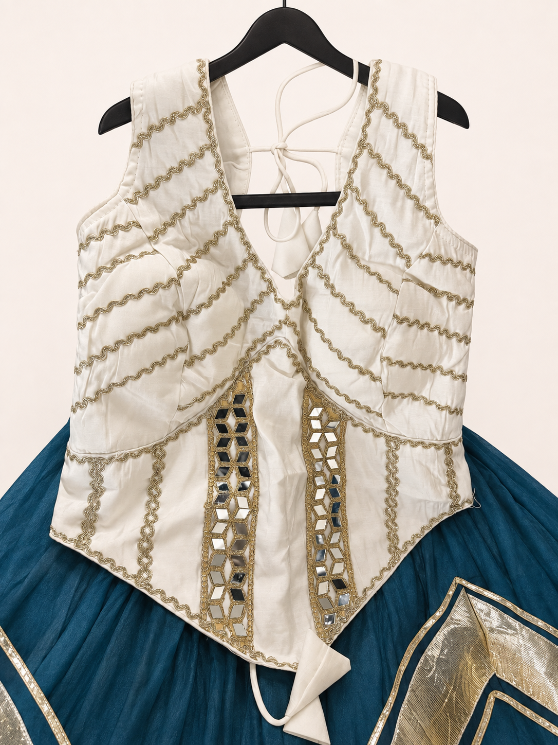White and Blue Cross Cut Choli Design with Sleeveless Top