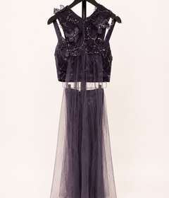 Dark Plum over coat net as Dupatta Pre-Stiched  Saree