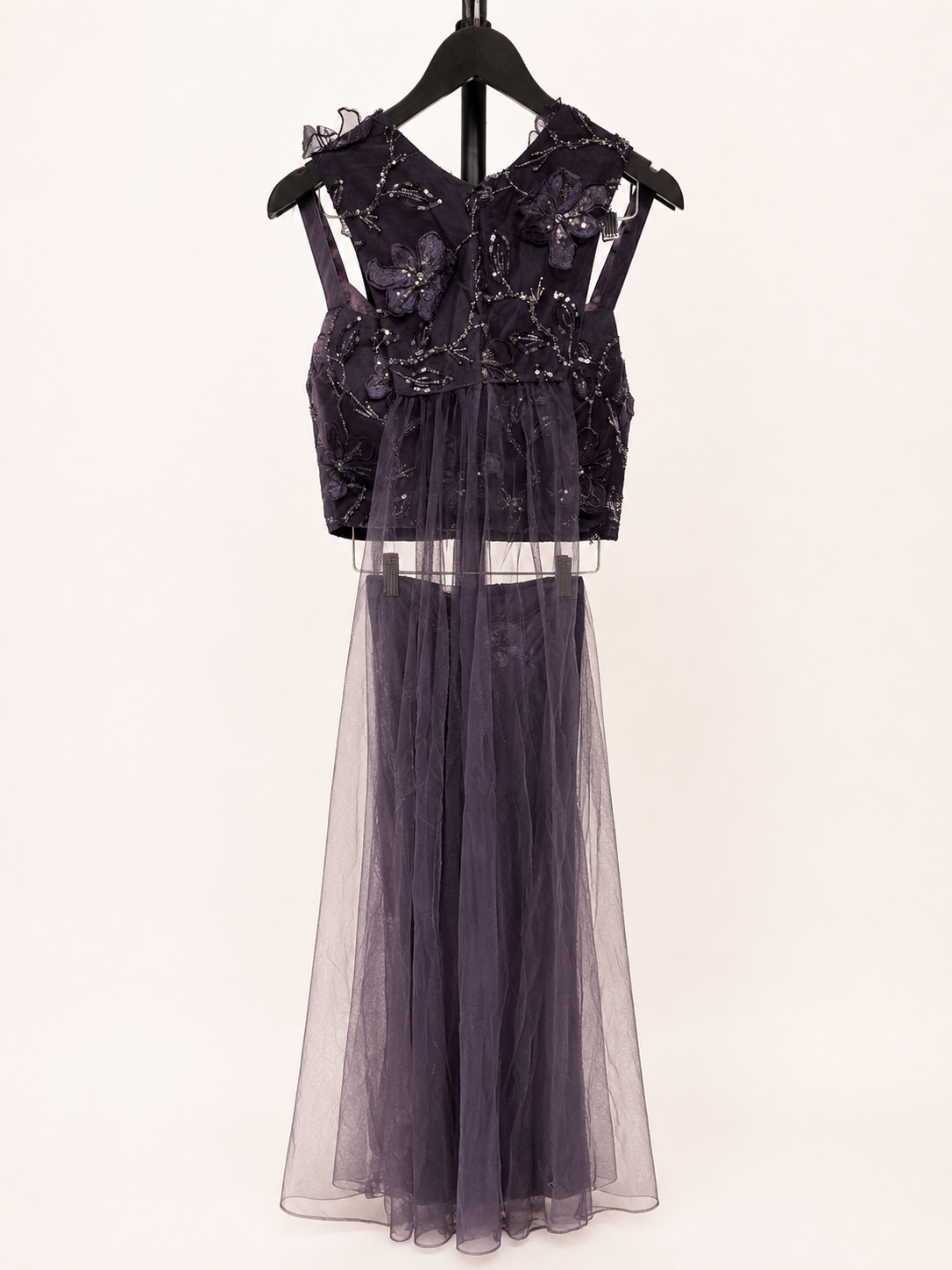 Dark Plum over coat net as Dupatta Pre-Stiched  Saree