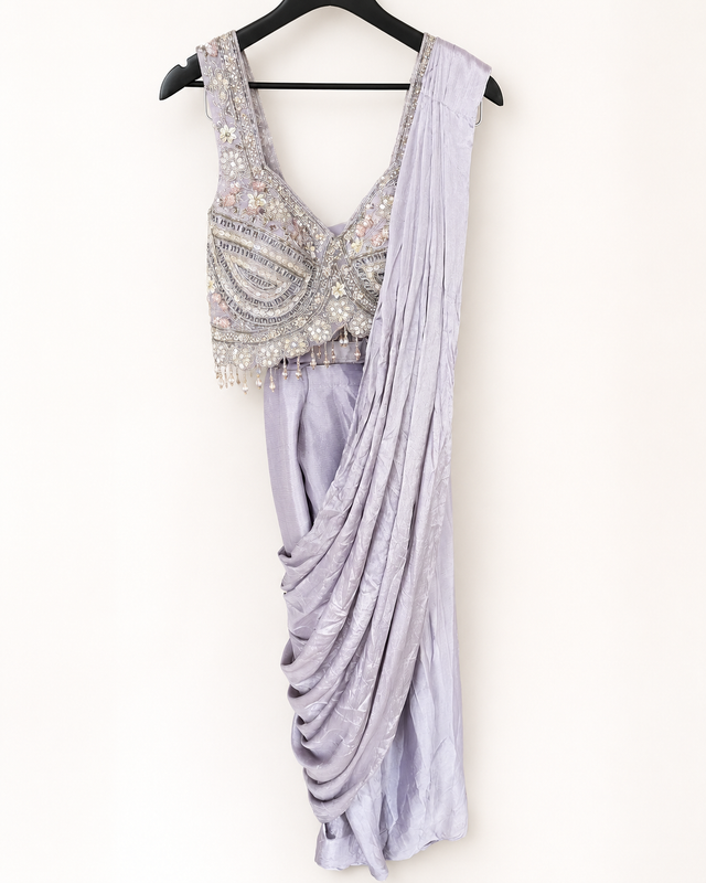 Heavy Lavender Crop Top with Soft Pre-Stiched Saree