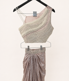 Blush Pearl Draped Saree Set with Pearl Dupatta attached
