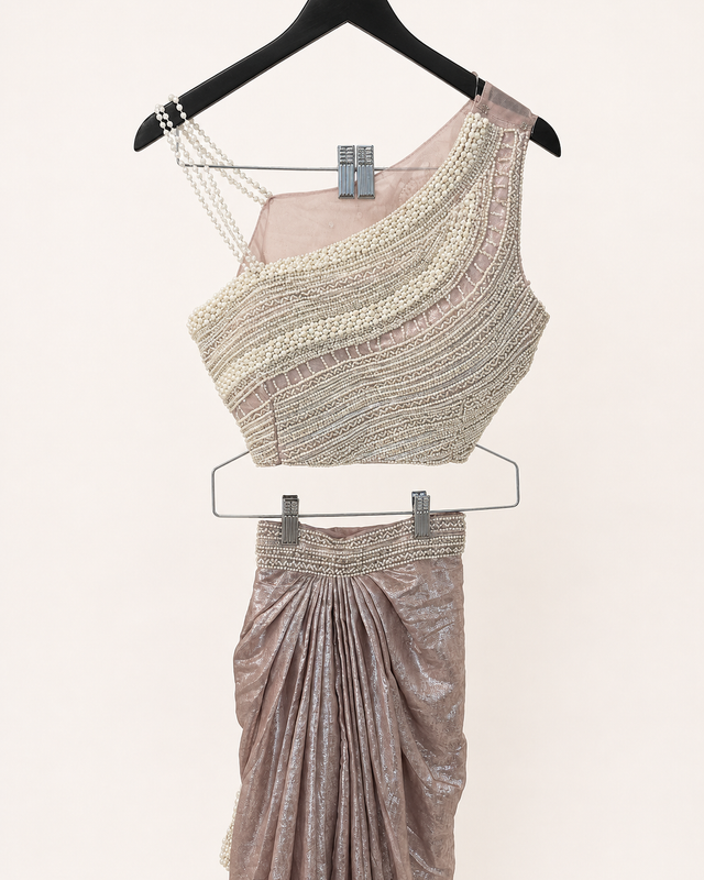 Blush Pearl Draped Saree Set with Pearl Dupatta attached