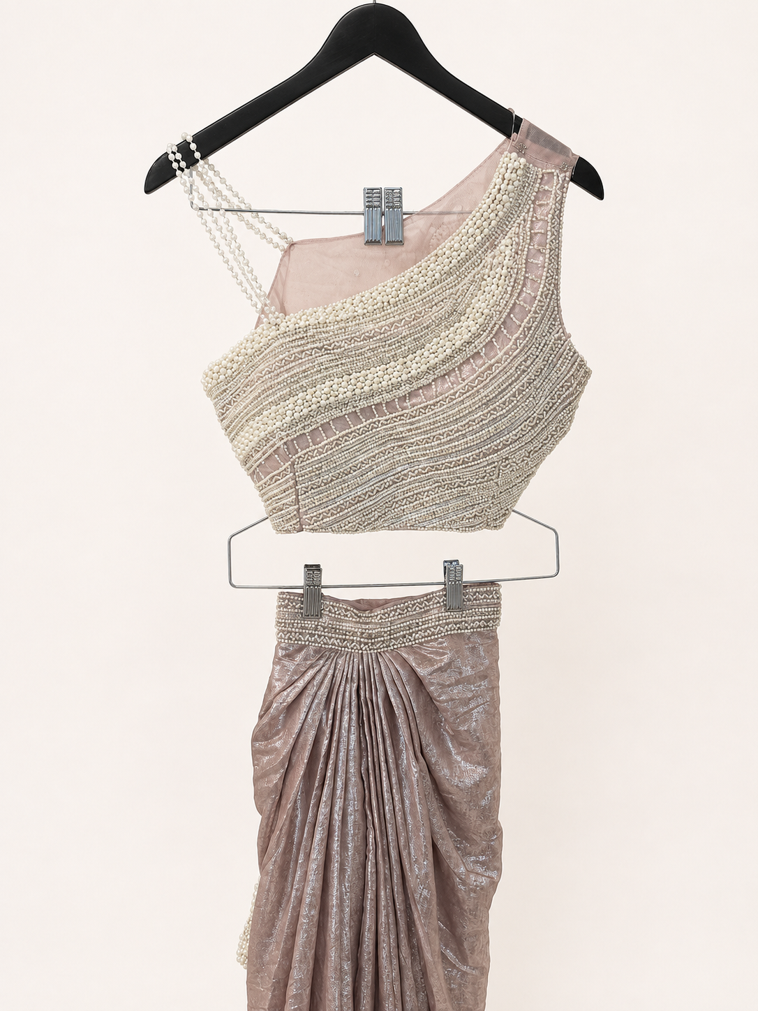 Blush Pearl Draped Saree Set with Pearl Dupatta attached