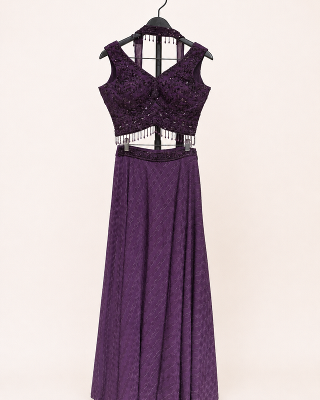Purple Striped Gown Soft Material Choker Dupatta