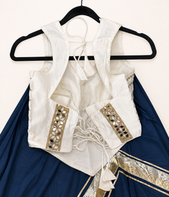 White and Blue Cross Cut Choli Design with Sleeveless Top