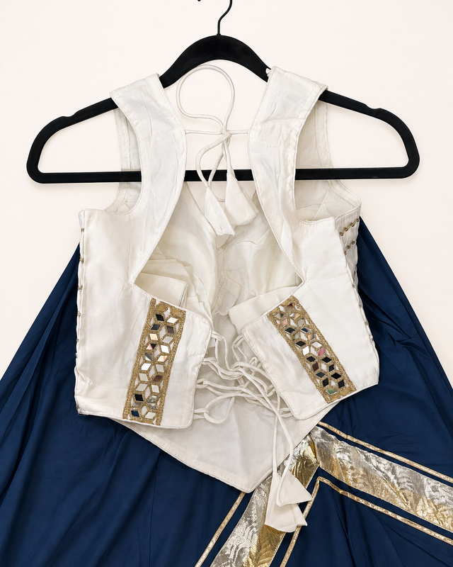 White and Blue Cross Cut Choli Design with Sleeveless Top
