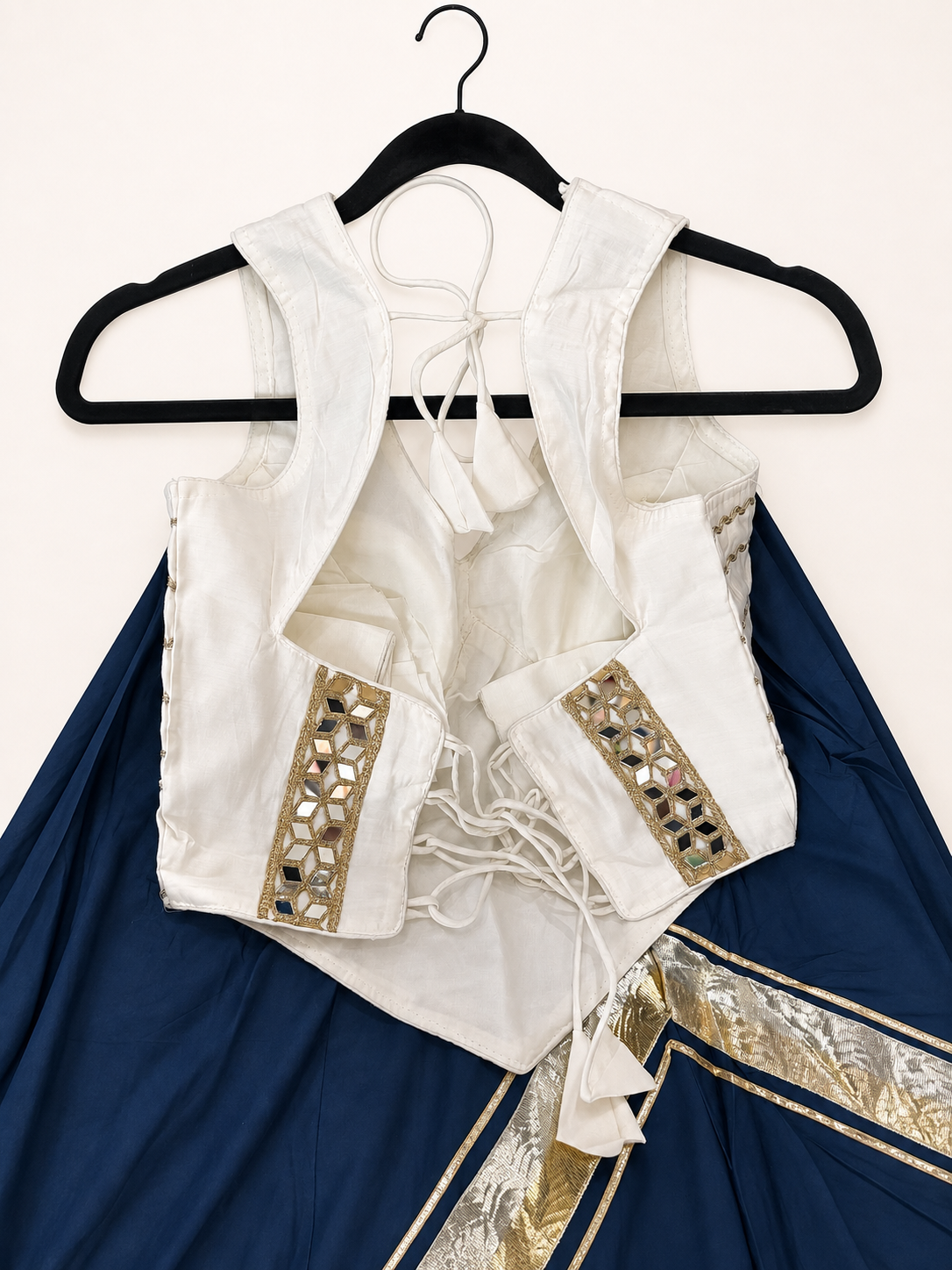 White and Blue Cross Cut Choli Design with Sleeveless Top