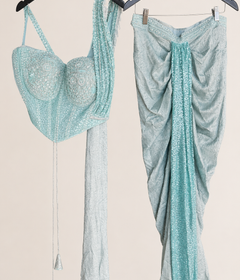 Aqua Green Sequence Wire Crop Top Corset Pre-Stiched Skirt