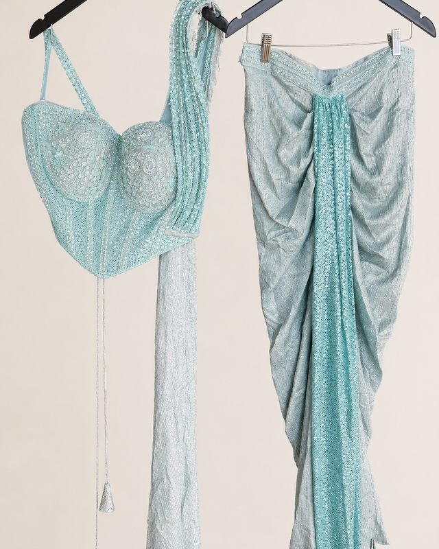 Aqua Green Sequence Wire Crop Top Corset Pre-Stiched Skirt