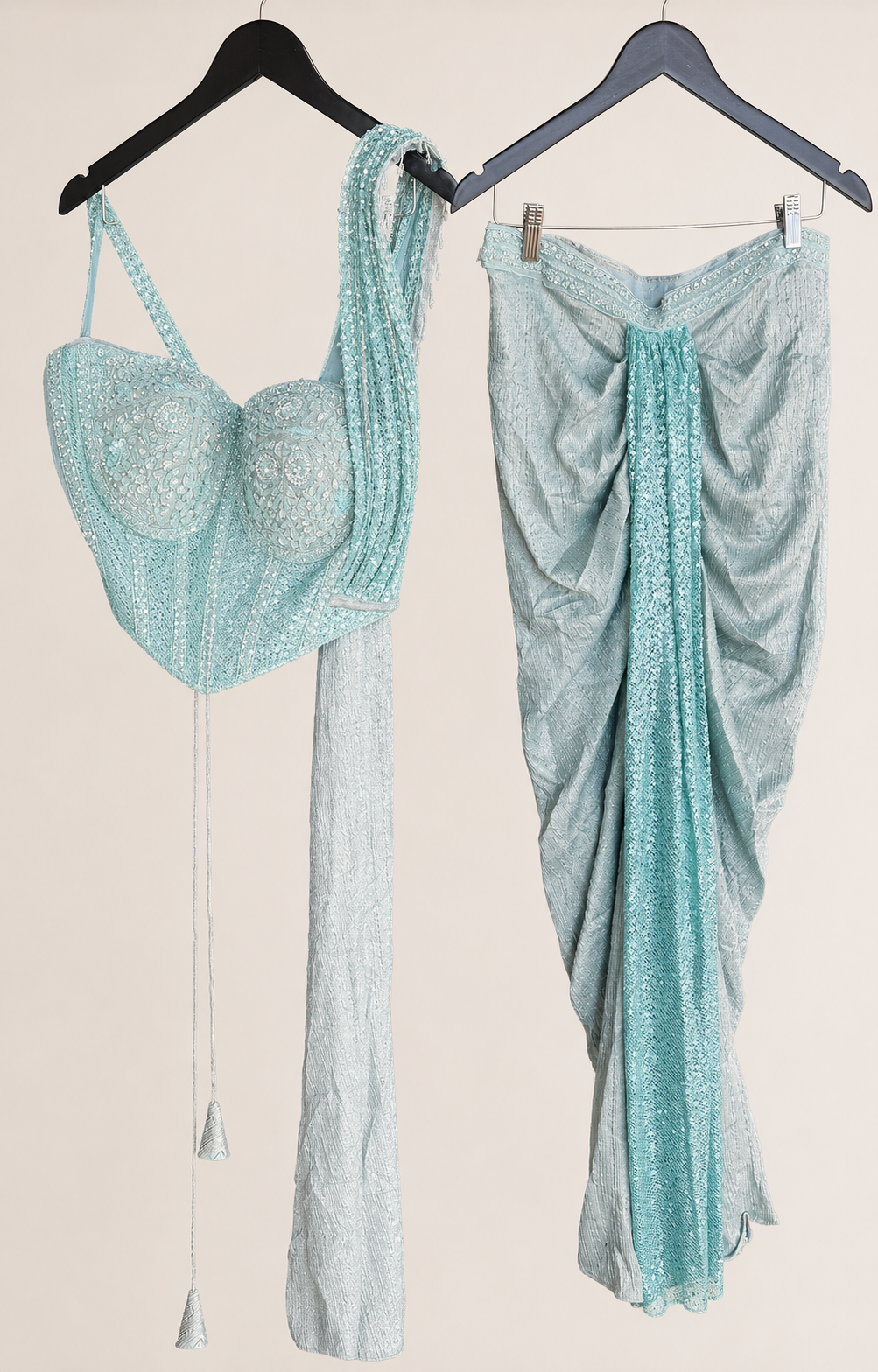 Aqua Green Sequence Wire Crop Top Corset Pre-Stiched Skirt