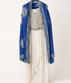 Cream and Blue Bhandani set with cape as dupatta