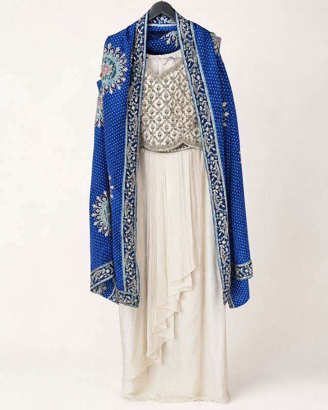 Cream and Blue Bhandani set with cape as dupatta