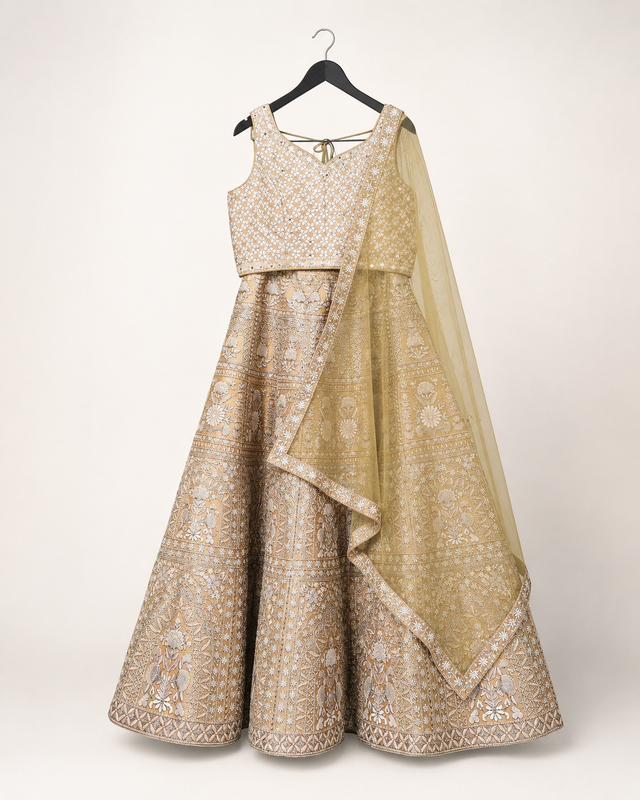 Mustard Yellow Pattern Rhinestone Lehenga Set
