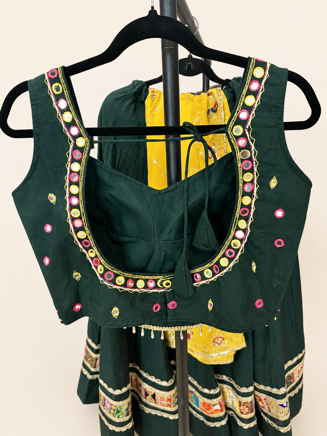 Green Garba Lehenga Set with Yellow Dupatta Traditional Folk
