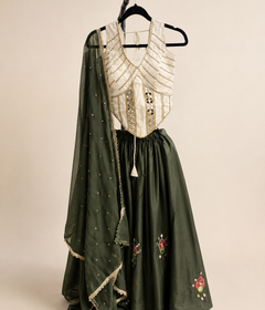 White and Dark Green Striped Garba Set Lehenga Choli