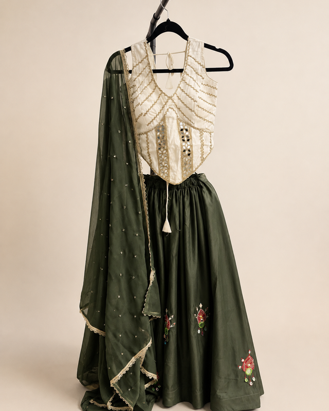 White and Dark Green Striped Garba Set Lehenga Choli