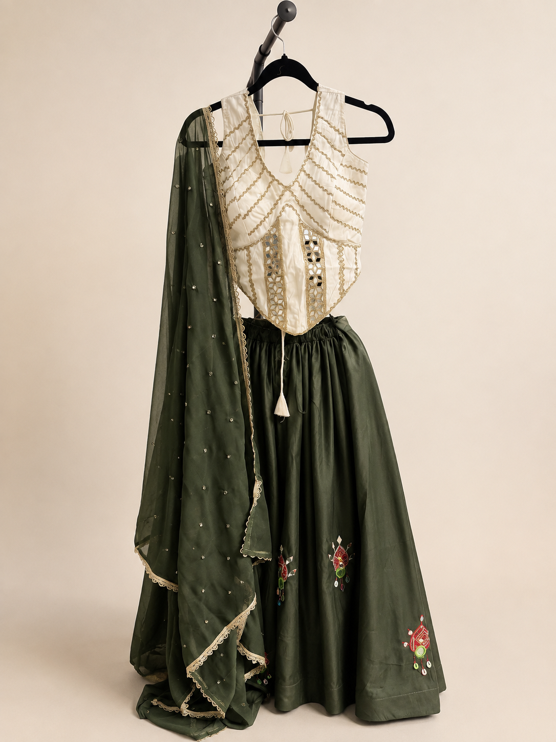 White and Dark Green Striped Garba Set Lehenga Choli