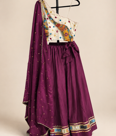 White and Purple Bhandni Border Sleeveless Blouse Lehenga Set