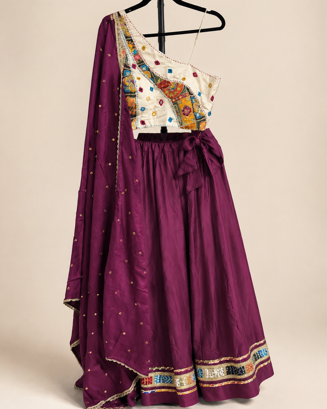 White and Purple Bhandni Border Sleeveless Blouse Lehenga Set