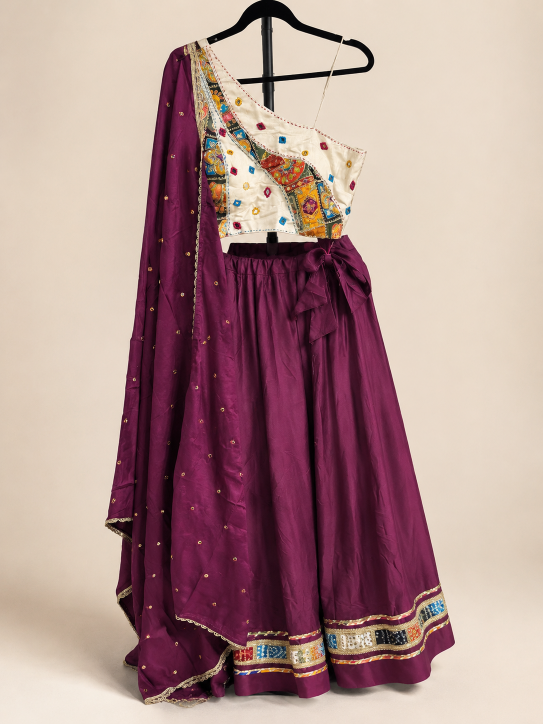 White and Purple Bhandni Border Sleeveless Blouse Lehenga Set