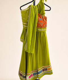 Lime Green with Bhandani Border Sleeveless Blouse Lehenga Set