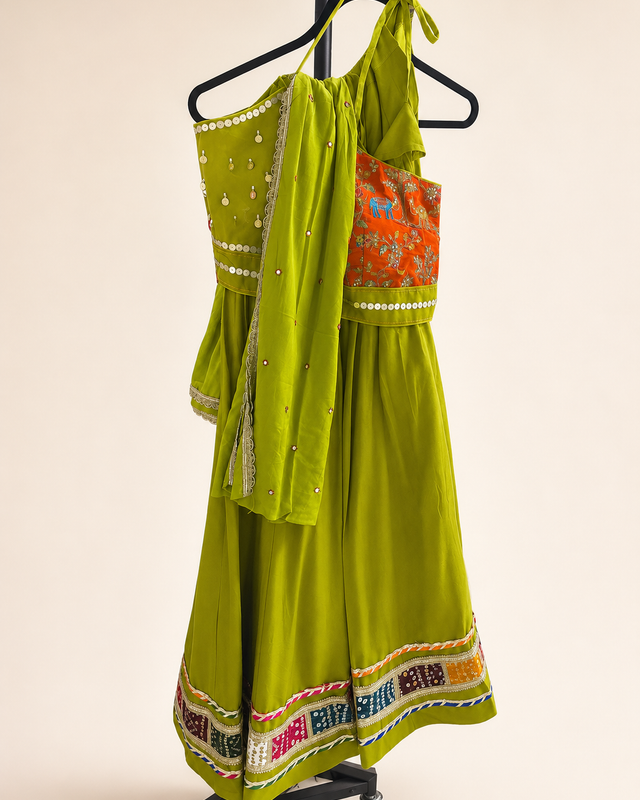 Lime Green with Bhandani Border Sleeveless Blouse Lehenga Set