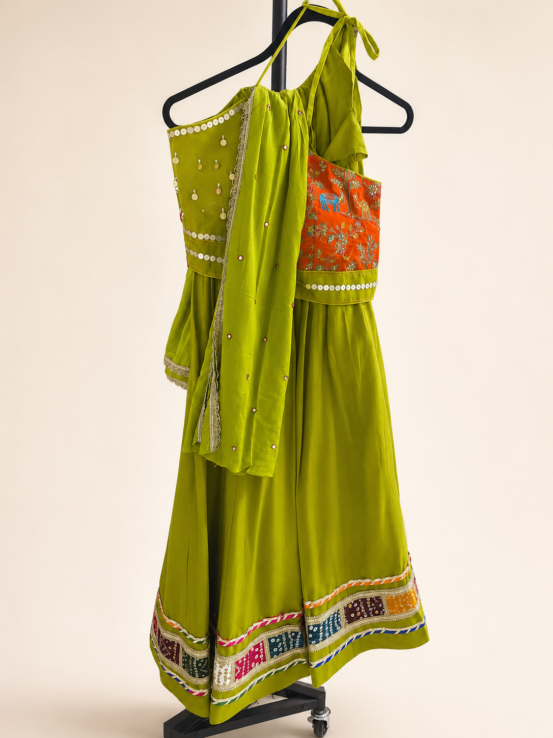 Lime Green with Bhandani Border Sleeveless Blouse Lehenga Set