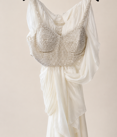 All white Pre-Stiched  sari crop Top cream beaded Straps