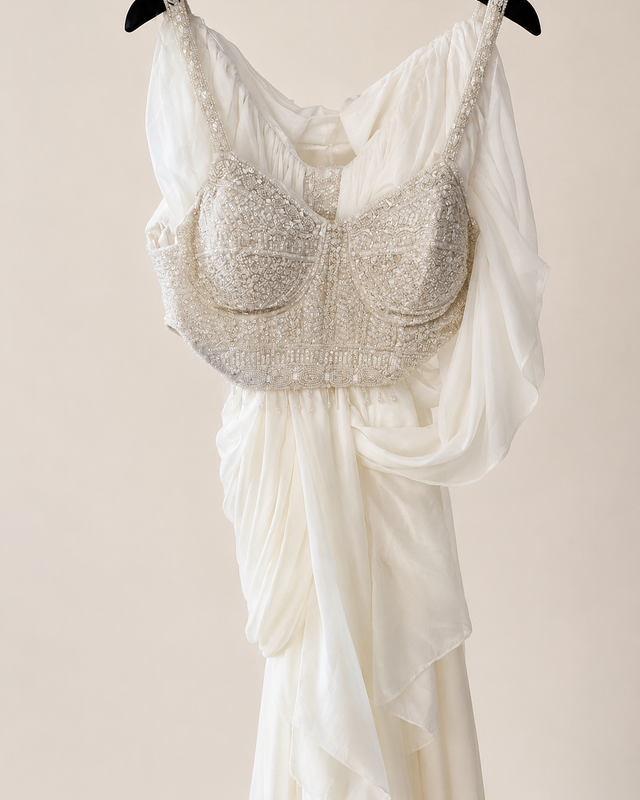 All white Pre-Stiched  sari crop Top cream beaded Straps